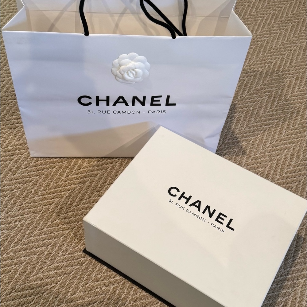 CHANEL Rue Cambon Box with White Ribbon and Camellia Gift Set.